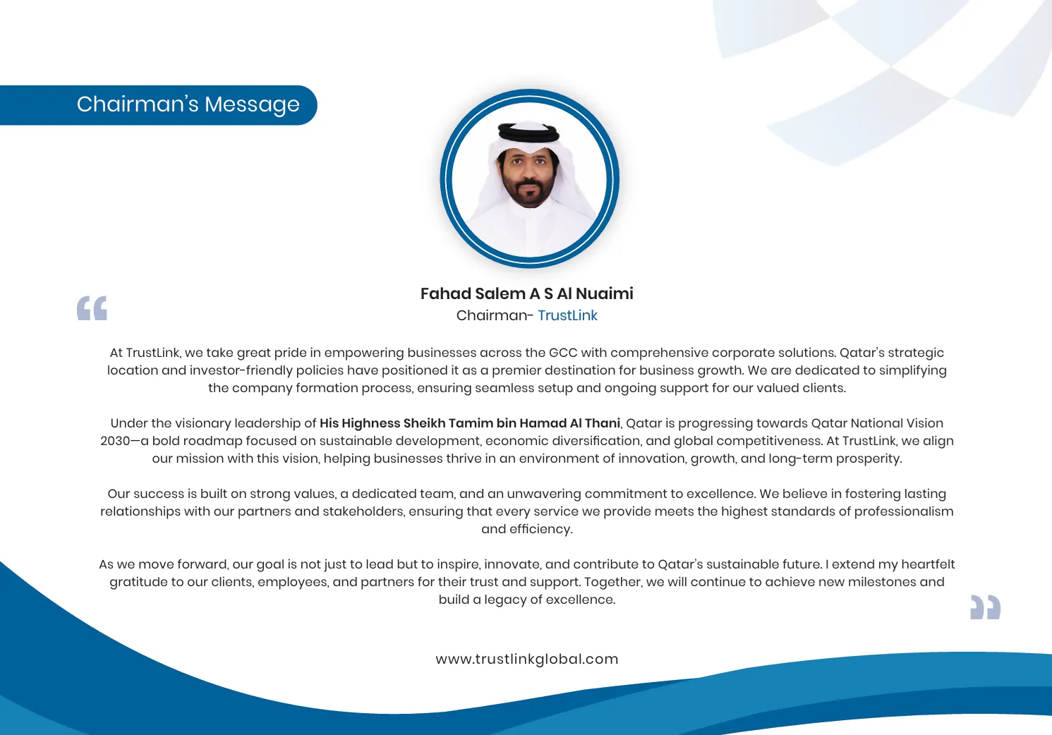 TrustLink UAE Chairman's Message - Fahad Salem A S Al Naimi's Vision for Business Excellence